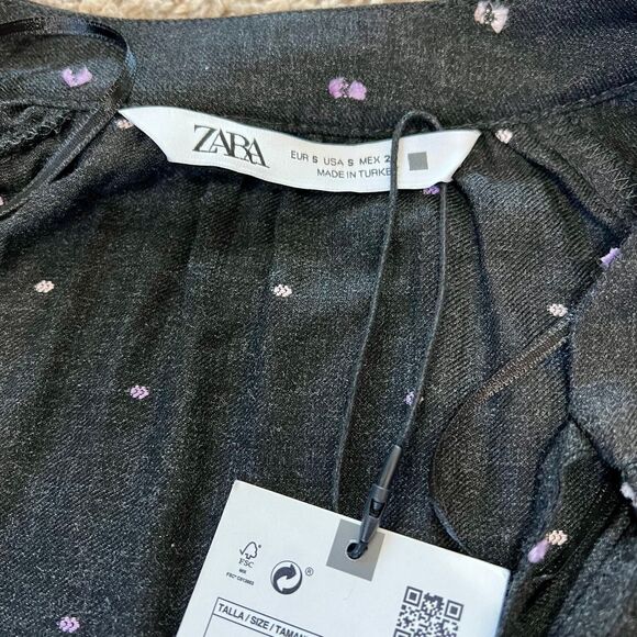 ZARA Womens Charcoal Gray Purple Embroidered Polka Dot Mini Dress S cottagecore - Picture 2 of 16